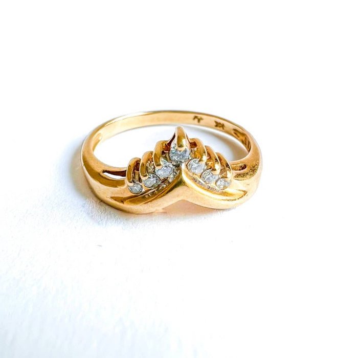 14K Yellow Gold Diamond Chevron Vintage Ring