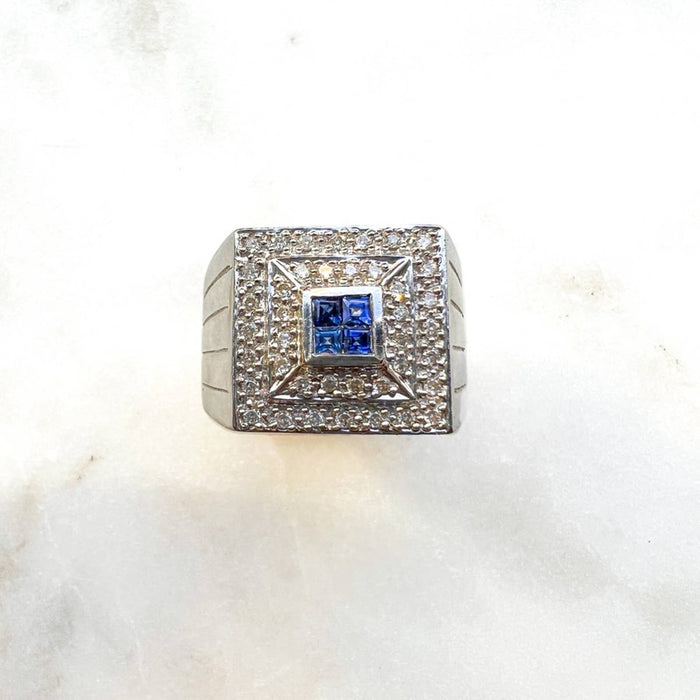 Men's 14K White Gold Blue Sapphire and Diamond Ring