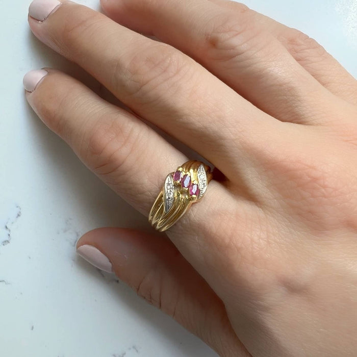 18K Yellow Gold Marquise Ruby and Diamond Vintage Band Ring