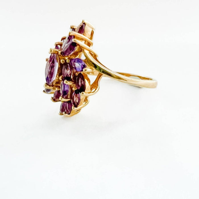 Vintage 14k Yellow Gold Marquise Amethyst Cluster Ring