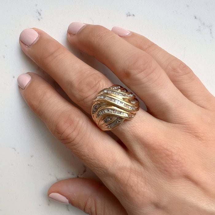 Vintage 10k Yellow Gold Diamond Ribbon Swirl Cocktail Ring