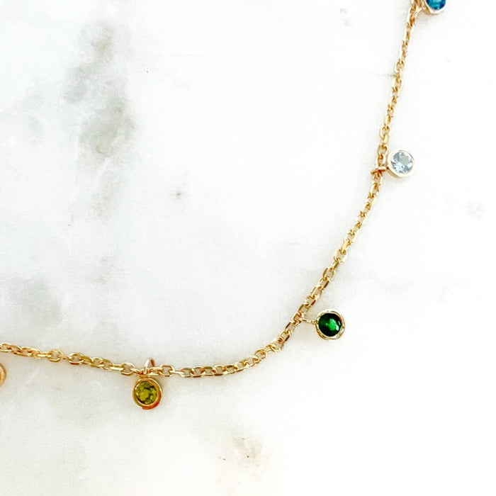 14K Yellow Gold Bezel Set Multi Gemstone Dangle Necklace