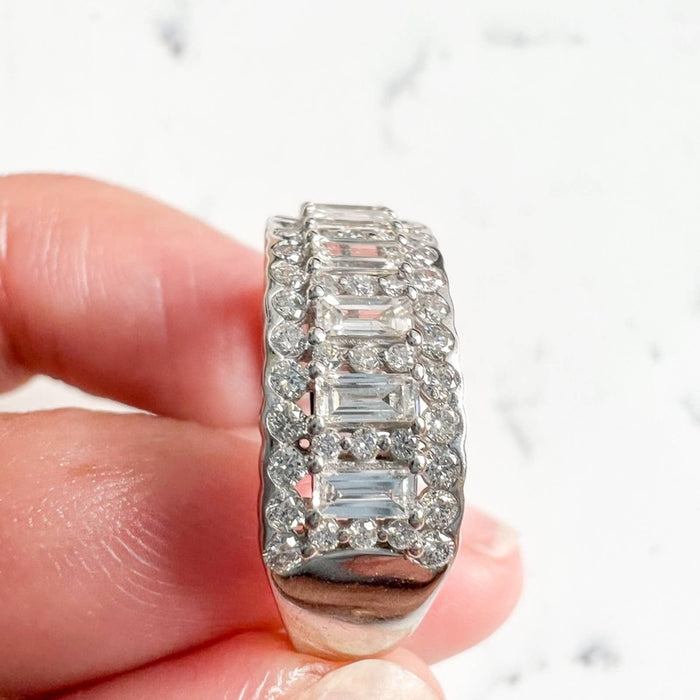 14K White Gold Baguette and Round  Diamond Band Ring