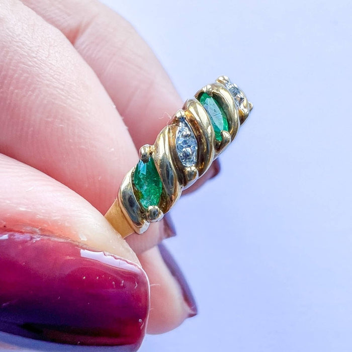 Vintage 10K Yellow Gold Marquise Emerald and Diamond Ring