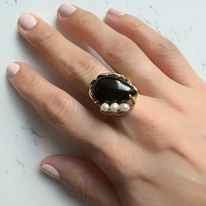 Vintage Onyx & Pearl Cocktail Ring 14K Yellow Gold