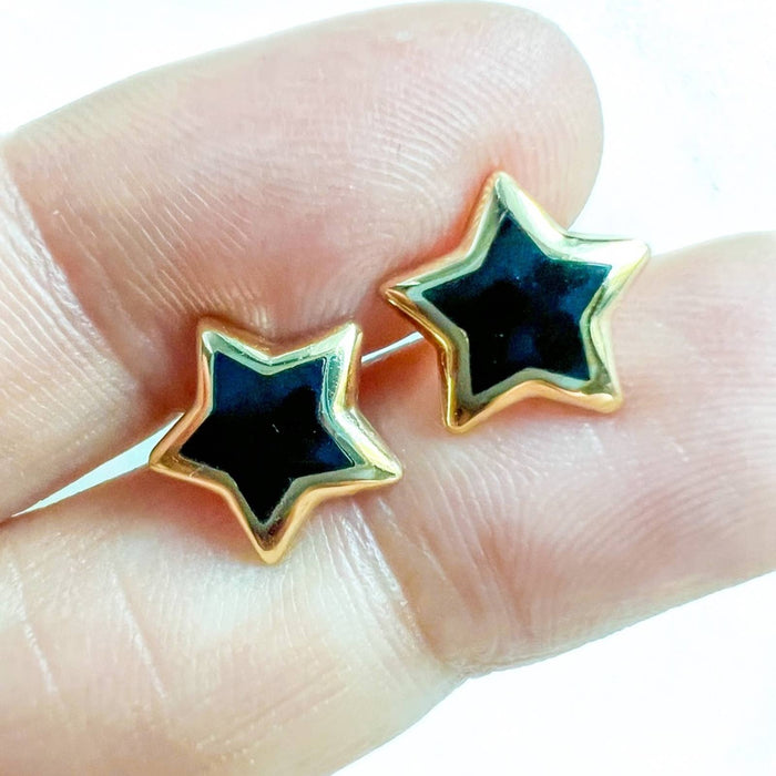 14K Yellow Gold Puffed Enamel Star Stud Earrings