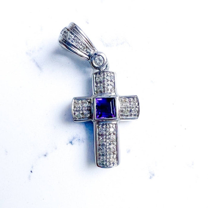 14K White Gold Pendant Cross with Amethysts and Diamonds