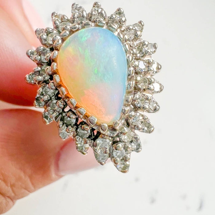 3 Carat Opal Diamond 14K White Gold Cocktail Ring