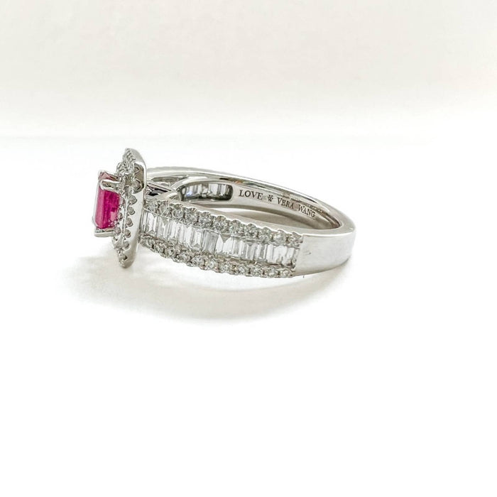 Emerald Cut Ruby and Diamond Halo Engagement Ring in 14K White Gold