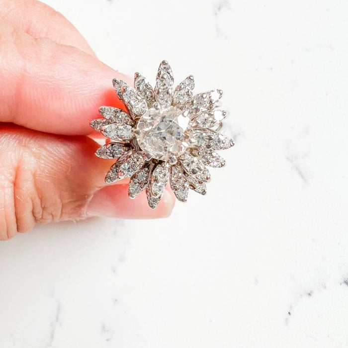 14K White Gold Diamond Cocktail Flower Ring