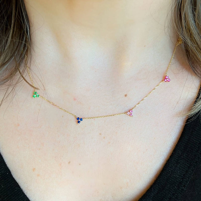 14K Yellow Gold Multi Rainbow Sapphire Station Necklace