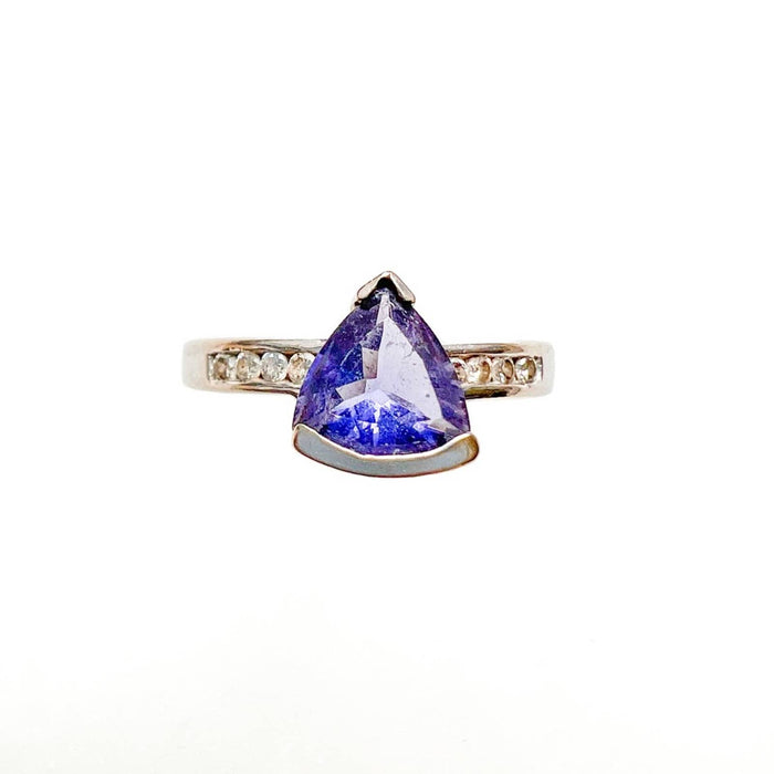 Trillion Tanzanite Solitaire Ring with Diamond Accents in 10K White Gold