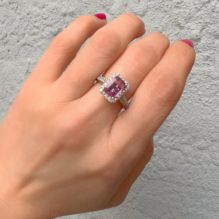 Classic Halo Emerald Cut Pink Sapphire and Diamond Ring 14K White Gold