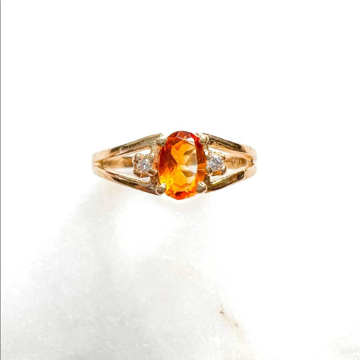 14K Yellow Gold Citrine and Diamond  Vintage Ring