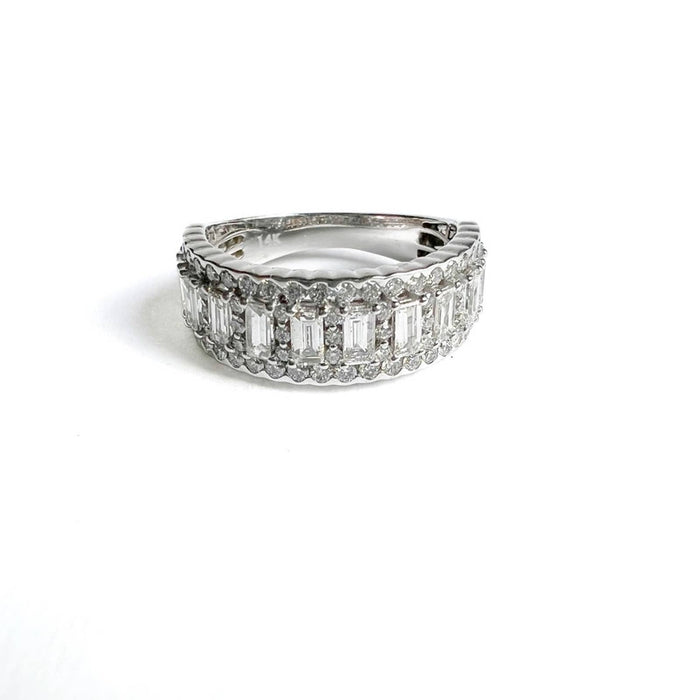 14K White Gold Baguette and Round  Diamond Band Ring