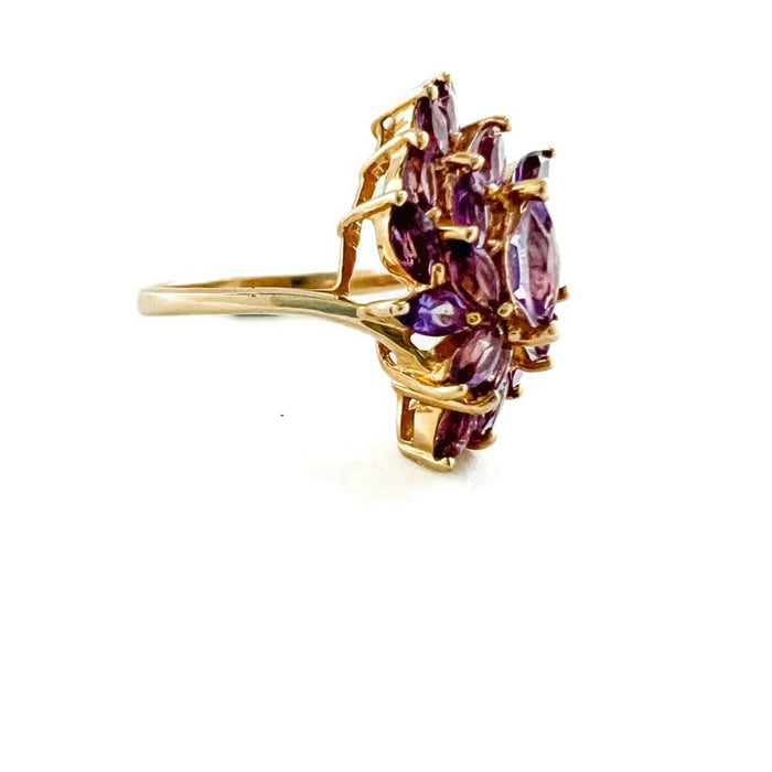 Vintage 14k Yellow Gold Marquise Amethyst Cluster Ring