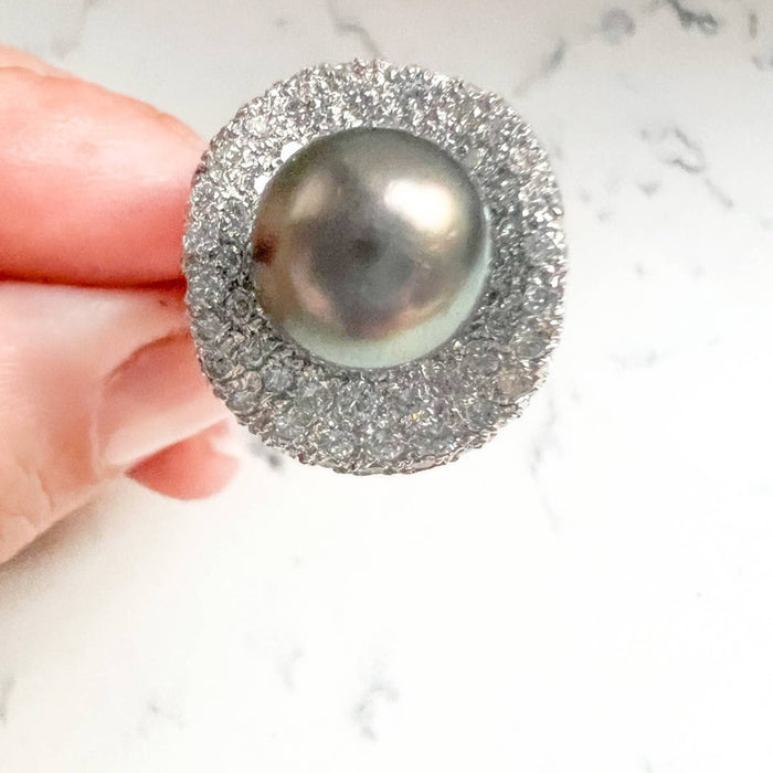 18K White Gold Tahitian Pearl And Diamond Cocktail Ring