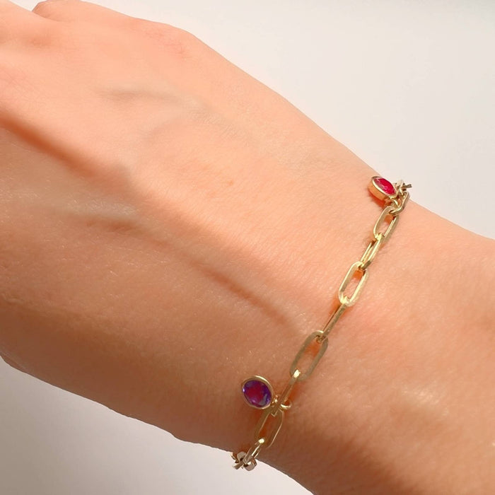 Multi Gemstone Bezel Dangle Paperclip Bracelet 14K Gold