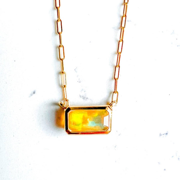 14K Yellow Gold Fire Opal Pendant Paperclip Necklace