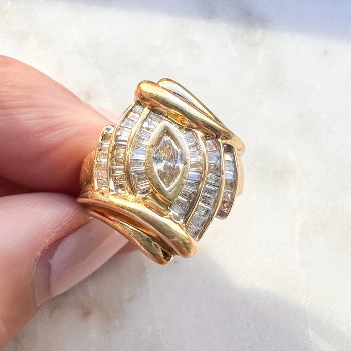 Vintage 14K Yellow Gold Marquise and Baguette Diamond Cocktail Ring