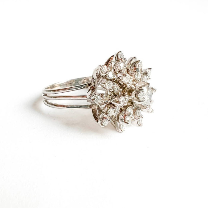 14K White Gold  Diamond Cocktail Flower Ring