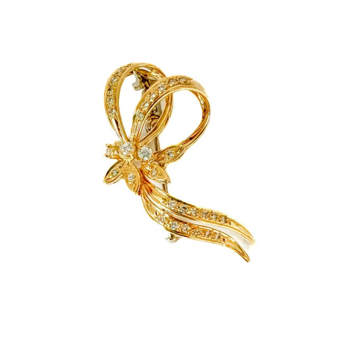 Vintage 14K Yellow Gold Diamond Ribbon Pin Brooch