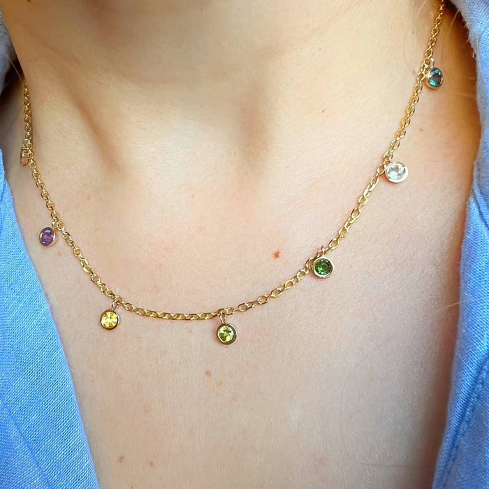 14K Yellow Gold Bezel Set Multi Gemstone Dangle Necklace