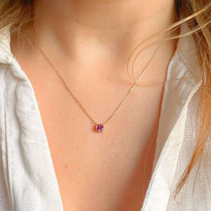 14K Yellow Gold Bezel Set Pink Tourmaline Necklace