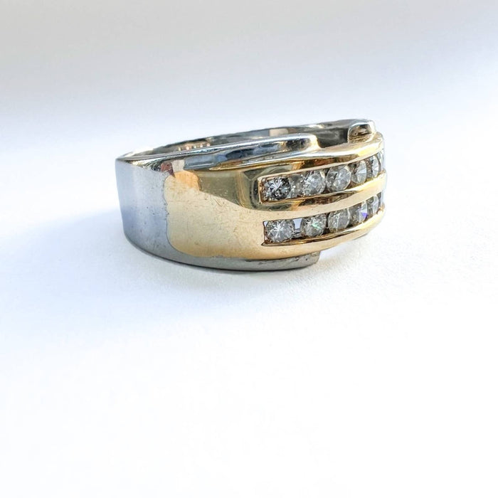 Vintage Diamond 14K Yellow White Gold Mens Band Ring