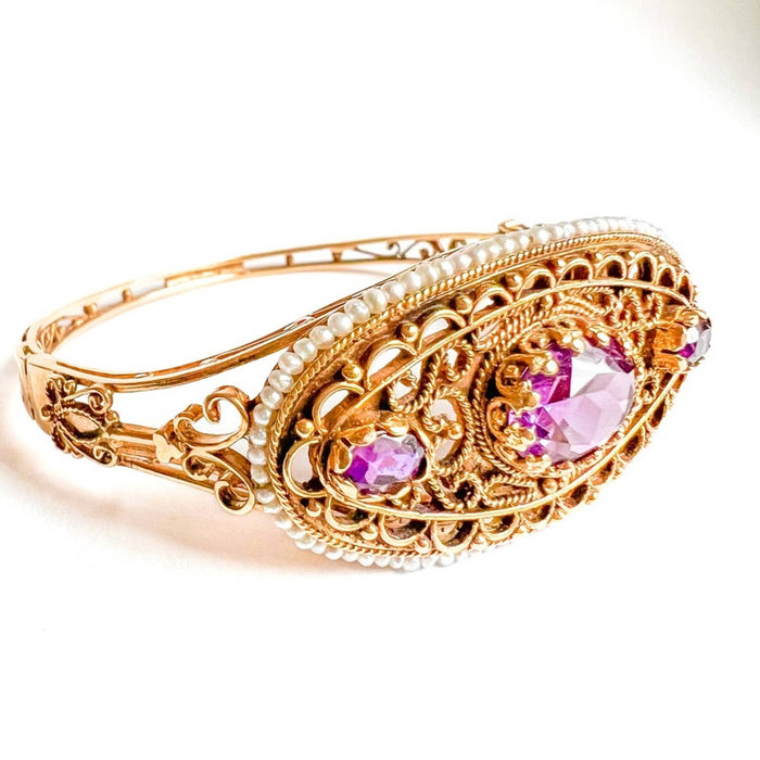 Antique Victorian Amethyst and Pearl Bangle Bracelet 14K Yellow Gold