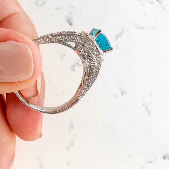 18k White Gold Oval Blue Topaz and Diamond Halo Cocktail Ring