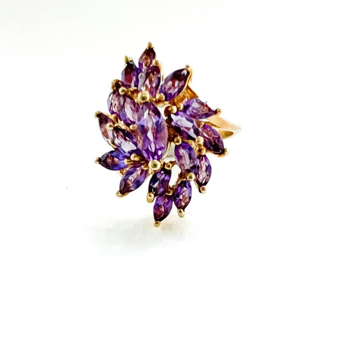 Vintage 14k Yellow Gold Marquise Amethyst Cluster Ring