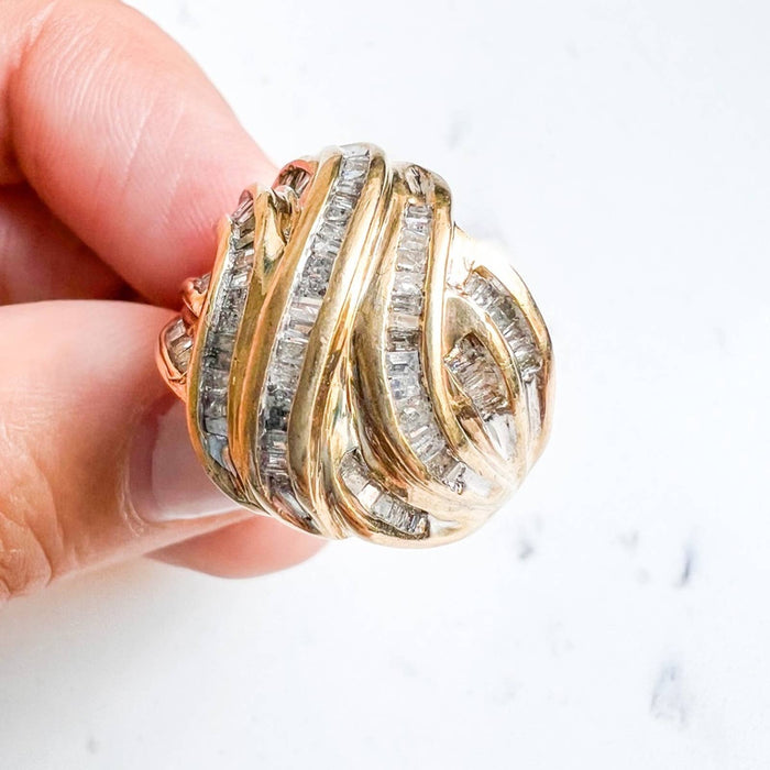 Vintage 10k Yellow Gold Diamond Ribbon Swirl Cocktail Ring