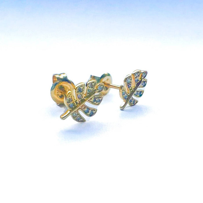 14K Yellow Gold and Diamond Double Monstera Leaf Stud Earrings