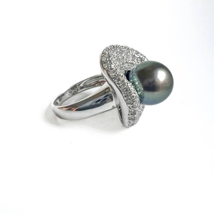 18K White Gold Tahitian Pearl And Diamond Cocktail Ring