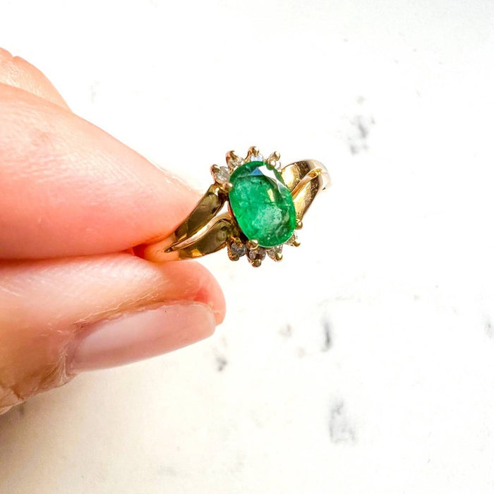 14K Yellow Gold Emerald And Diamond Cluster Ring