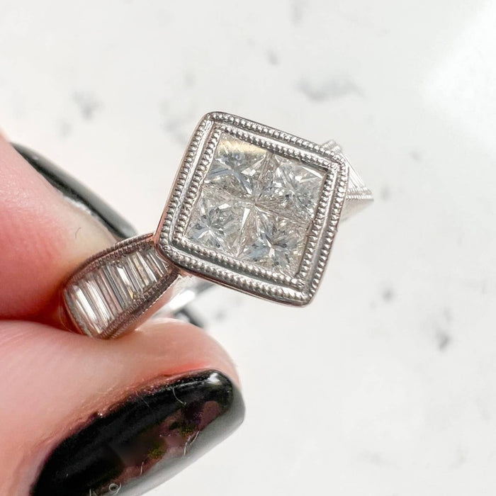 18K White Gold Princess Cut and Baguette Vintage Ring