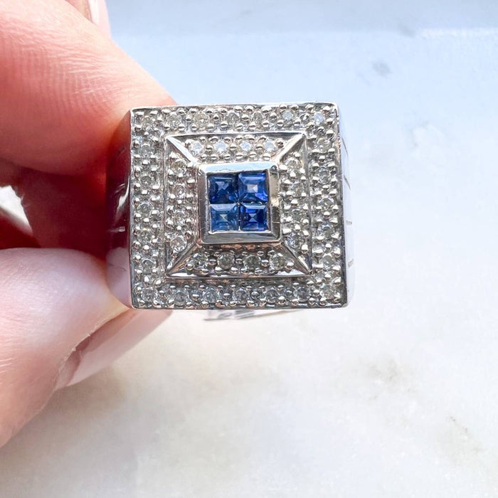 Men's 14K White Gold Blue Sapphire and Diamond Ring