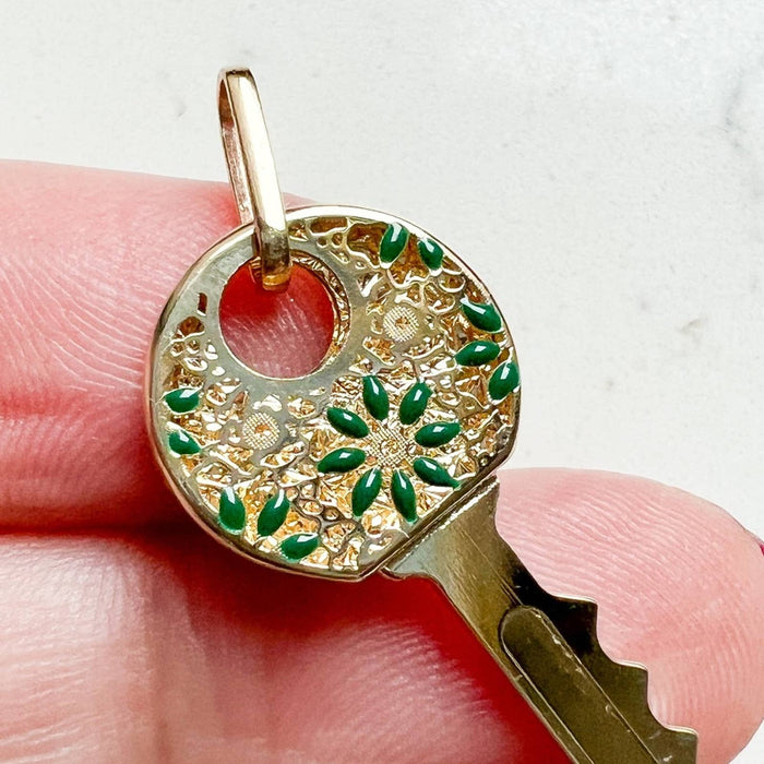 14K Yellow Gold Enamel Key Charm Pendant