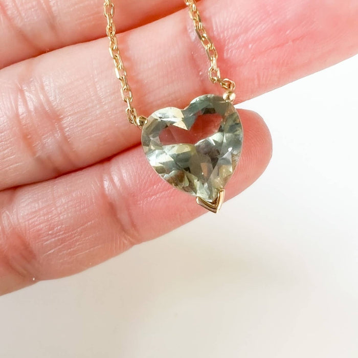 Green Amethyst Heart Necklace 14K Yellow Gold