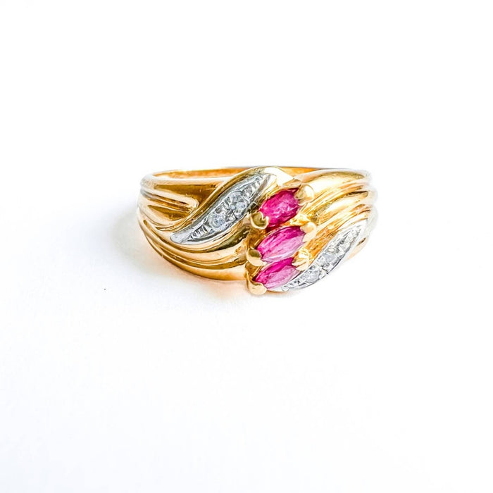 18K Yellow Gold Marquise Ruby and Diamond Vintage Band Ring