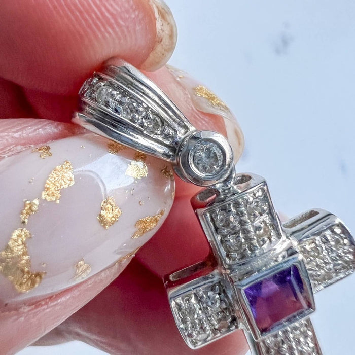 14K White Gold Pendant Cross with Amethysts and Diamonds