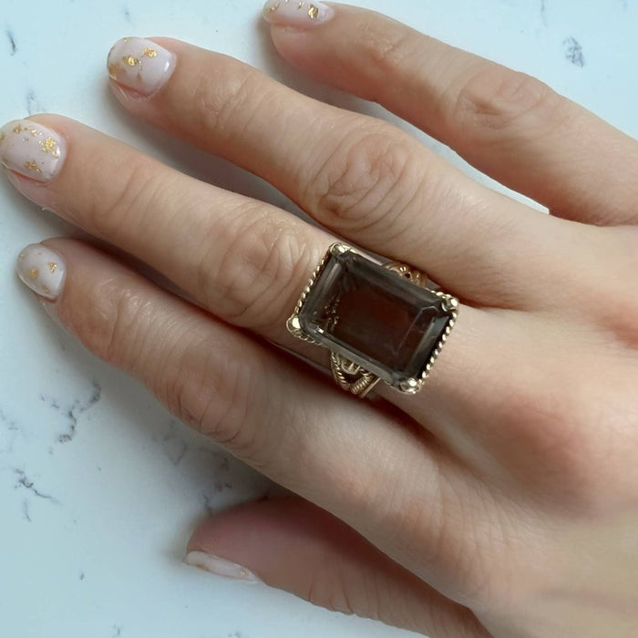 14K Yellow Gold Smoky Quartz Cocktail Ring 1940s