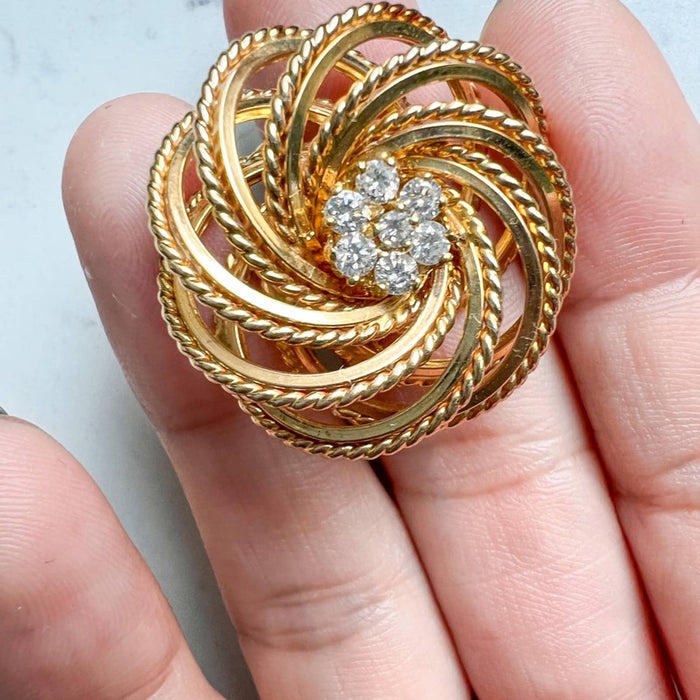 Diamond Yellow Gold Swirl Brooch 18K Yellow Gold