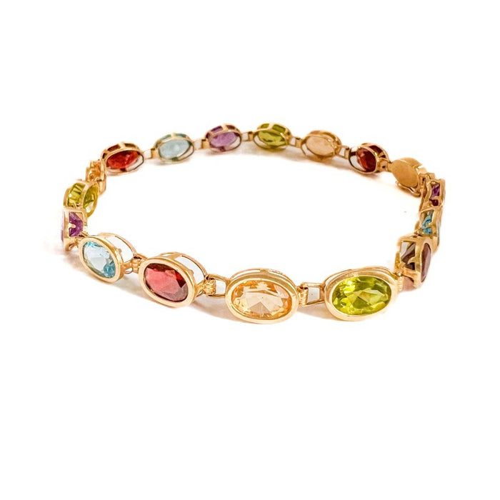 Vintage 14k Yellow Gold Oval Gemstone Rainbow Bracelet