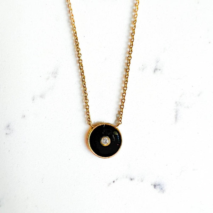 14K Yellow Gold Black Enamel and Diamond Charm Necklace