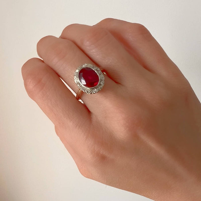 Antique Art Deco 14K Gold Red Garnet and Diamond Halo Ring