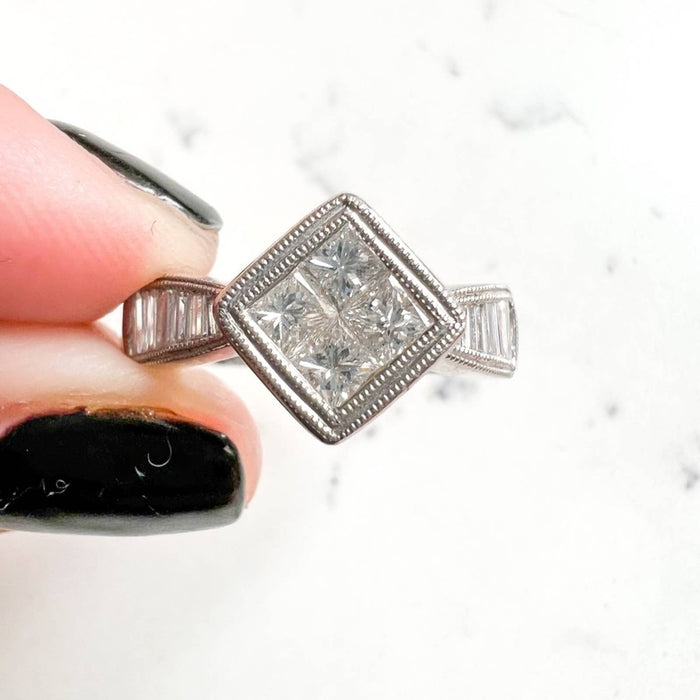 18K White Gold Princess Cut and Baguette Vintage Ring