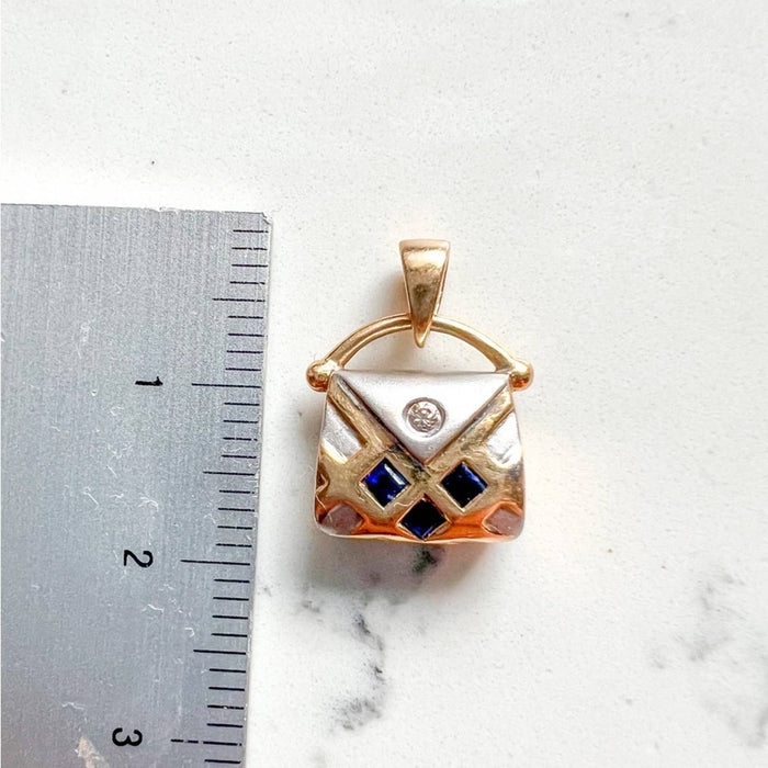 Vintage 14K Gold Sapphire and Diamond Purse Pendant