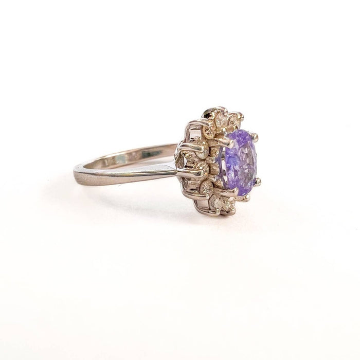 Vintage Tanzanite and Diamond Halo Ring 14K White Gold